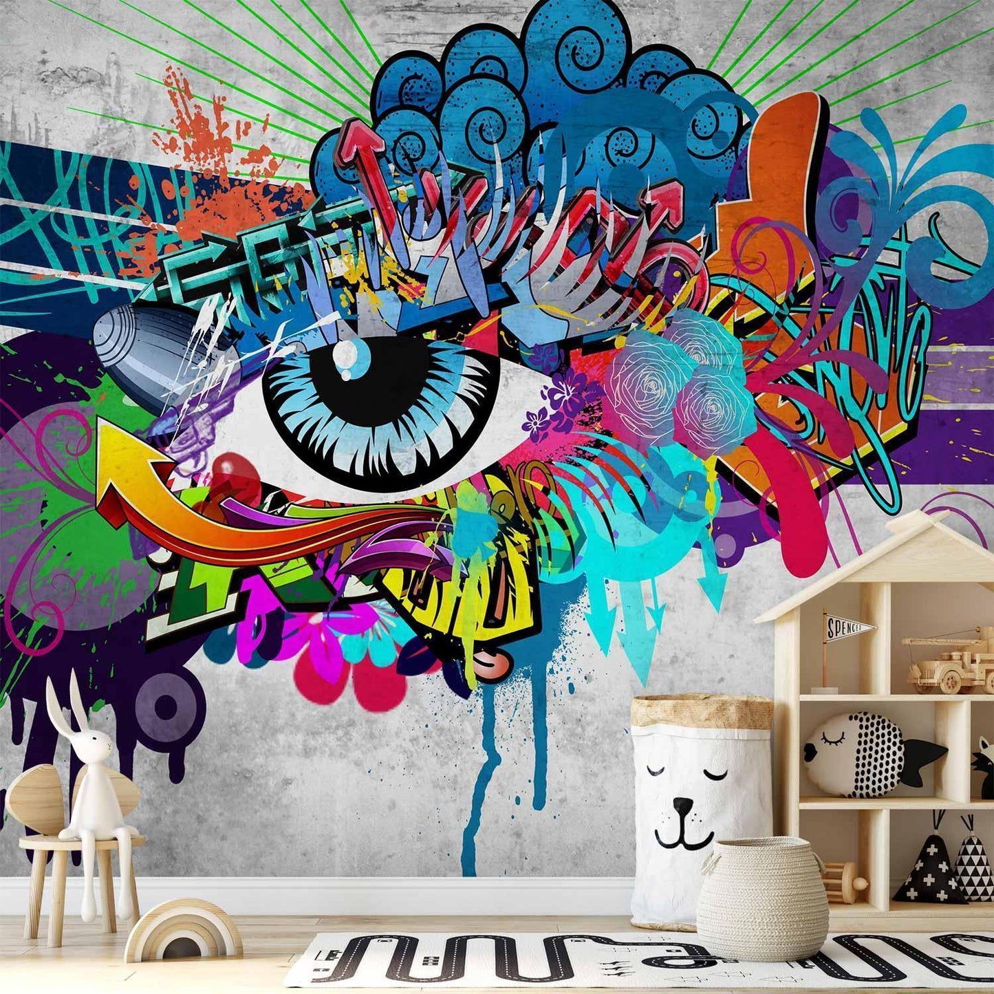 Fototapete „Graffiti Eye – Urbanes Wanddesign mit künstlerischem Blick“