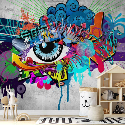 Fototapete „Graffiti Eye – Urbanes Wanddesign mit künstlerischem Blick“