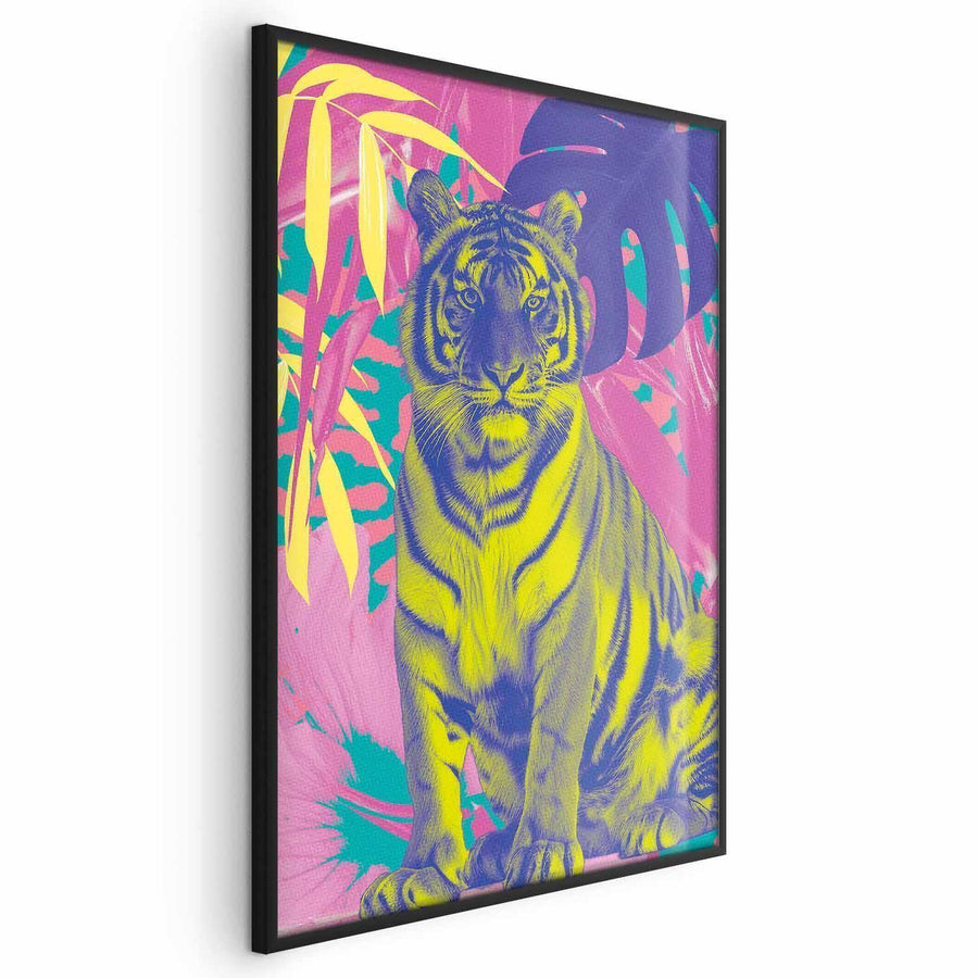 Poster - Colorful Tiger - intense colors of a tiger surrounded by tropical plants Artgeist