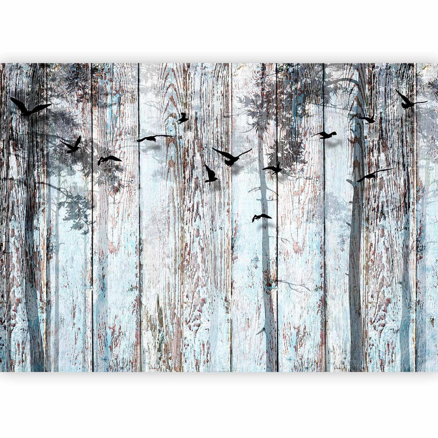 Fototapete „Schatten der Natur“ – Baumkronen & fliegende Vögel in Schwarz-Grau