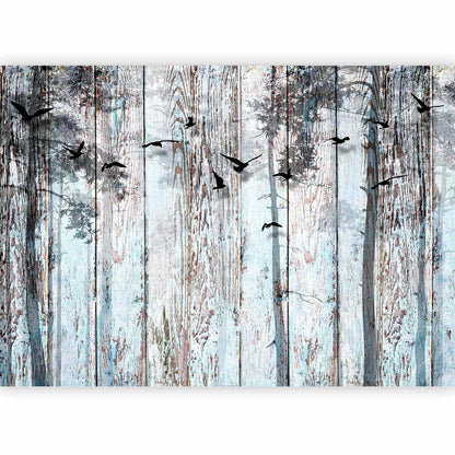 Fototapete „Schatten der Natur“ – Baumkronen & fliegende Vögel in Schwarz-Grau