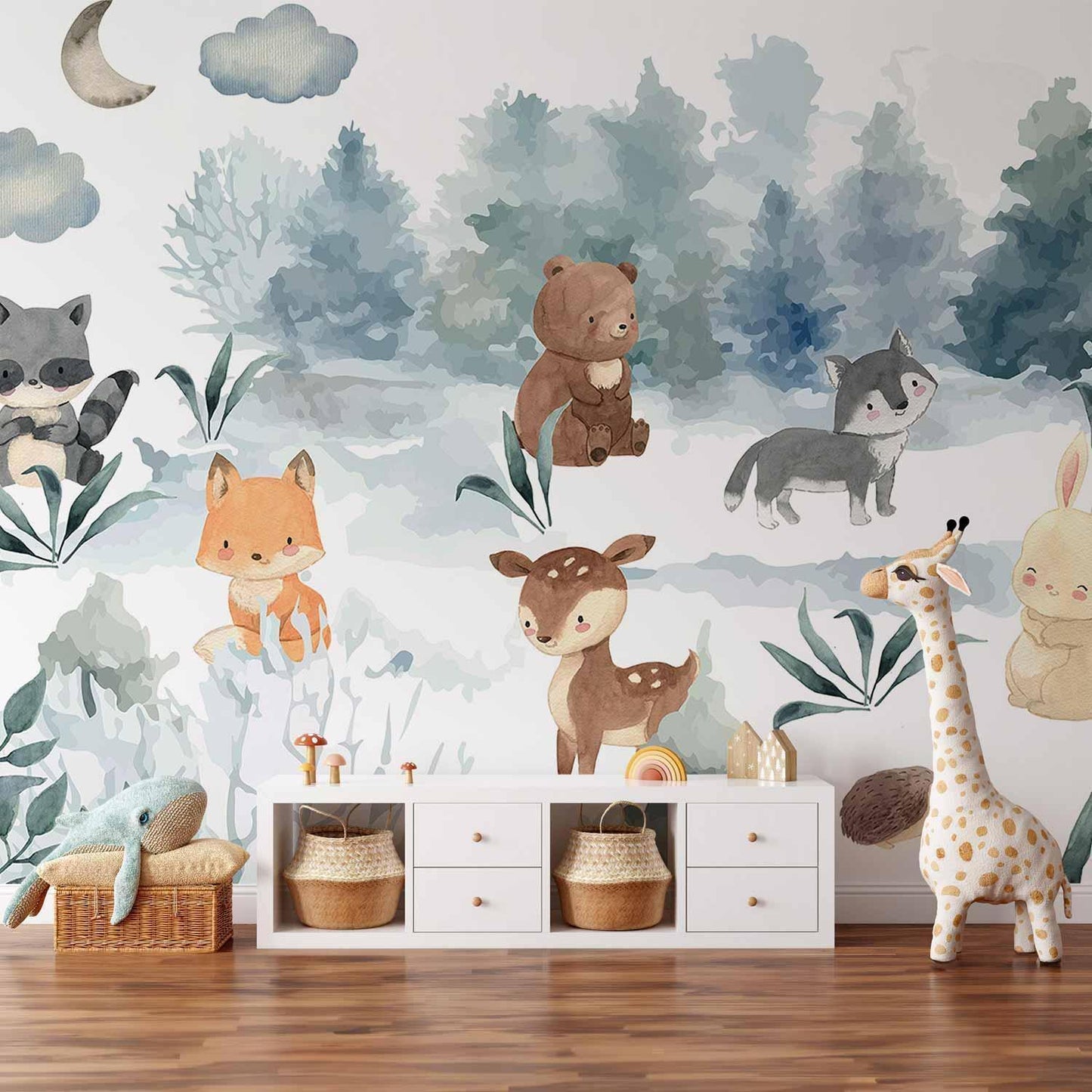 Fototapete - Forest Games - Animals in a Forest Painted in Watercolours