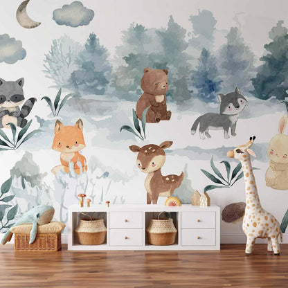 Fototapete - Forest Games - Animals in a Forest Painted in Watercolours