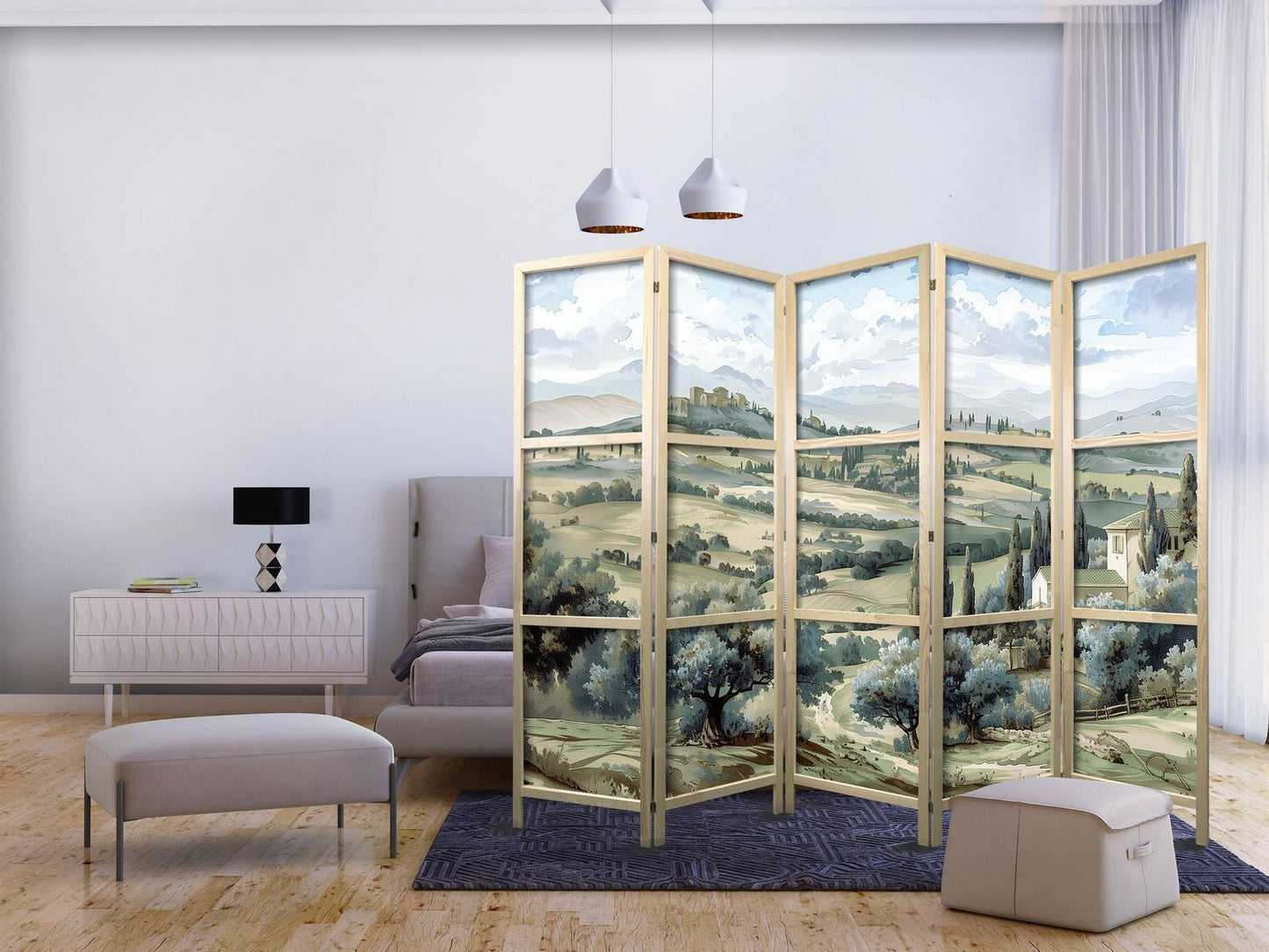 Japanischer Paravent - Landscape with Green Fields and Trees - Tuscan sunny view