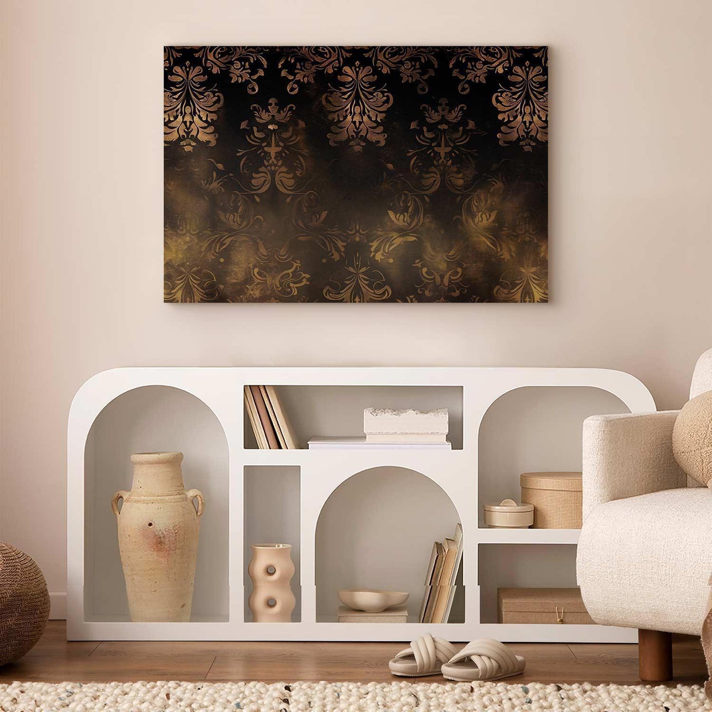 Leinwandbild - Baroque Ornaments in Patinated Gold and Browns: Retro Motif