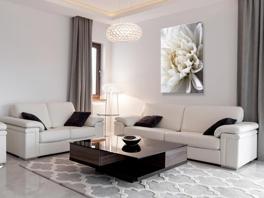 canvas art featuring white dahlia in modern living room