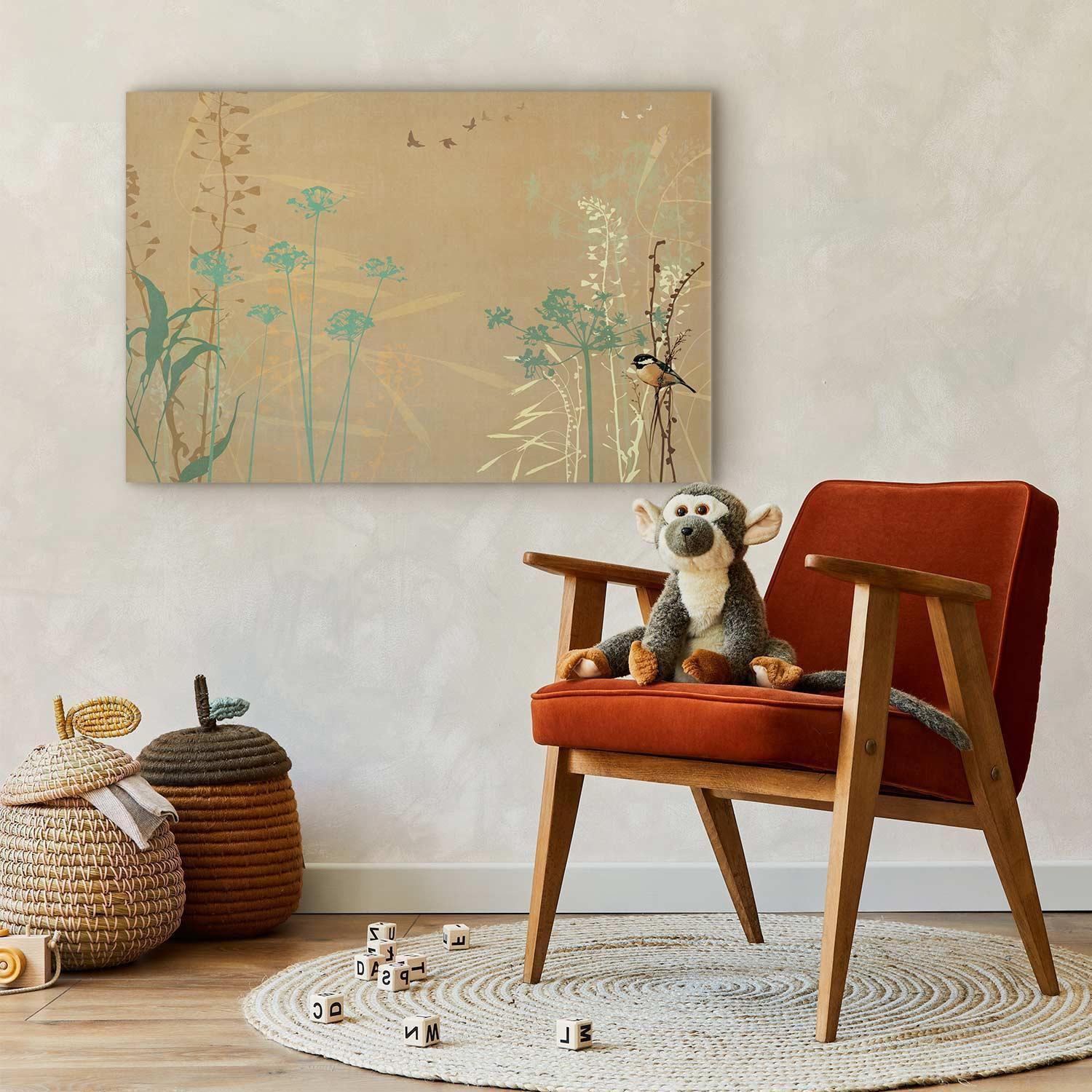 Leinwandbild - Tiny Bird - Colorful Grasses in Golden Shades of Sunset Artgeist