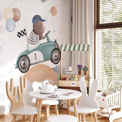 Fototapete - Teddy Bear in a Racing Car