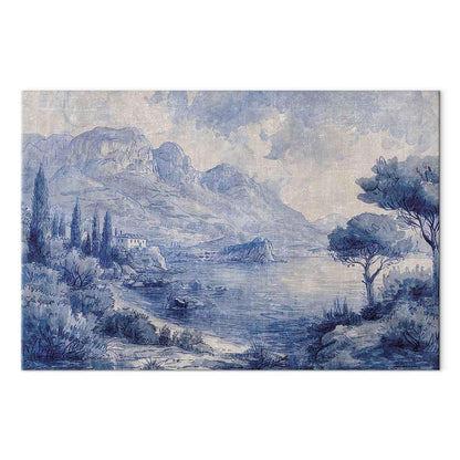 Leinwandbild - Blue Bay - Italian landscape of Lake Como painted with blue ink