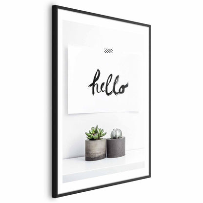 Scandinavian Home poster with succulent plants and hello text in a sleek black frame.