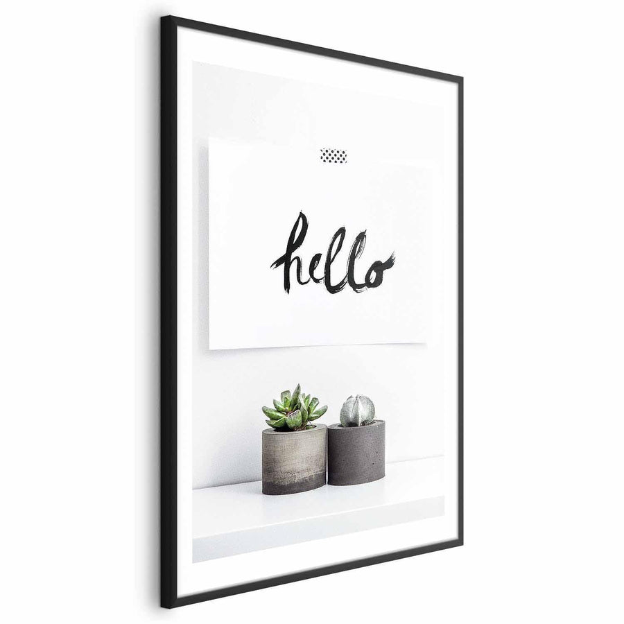 Scandinavian Home poster with succulent plants and hello text in a sleek black frame.