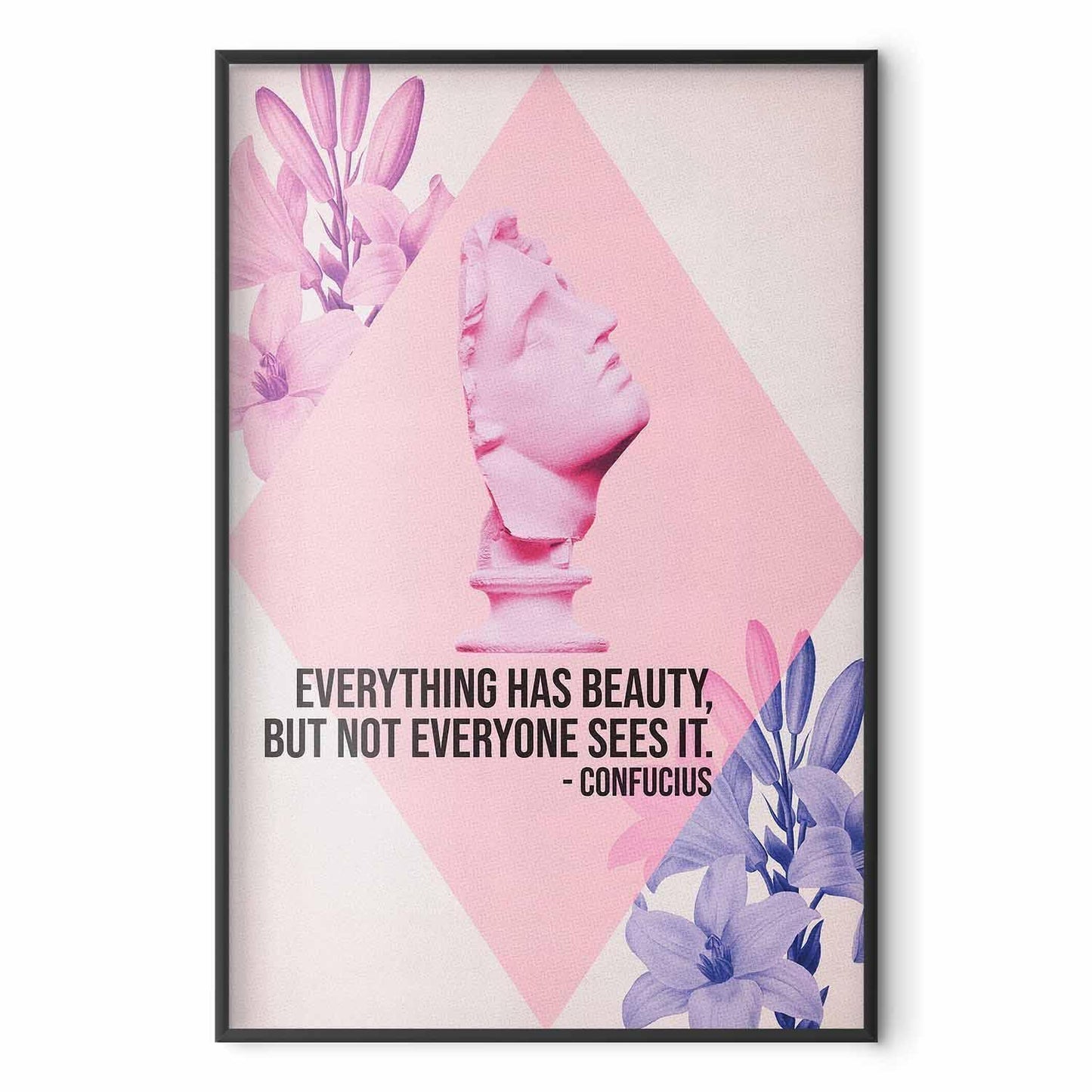 Poster - Confucius on Beauty - a bust in pink with flowers and a quote