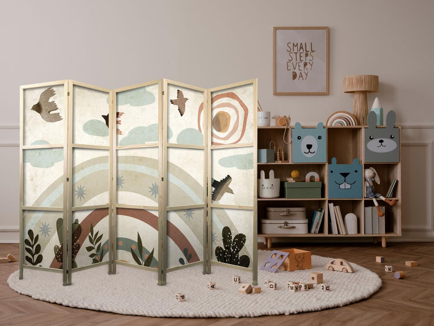 Japanischer Paravent - Sun Above the Rainbow - Birds in subdued colors - flying among clouds above a rainbow and vegetation on a light beige background