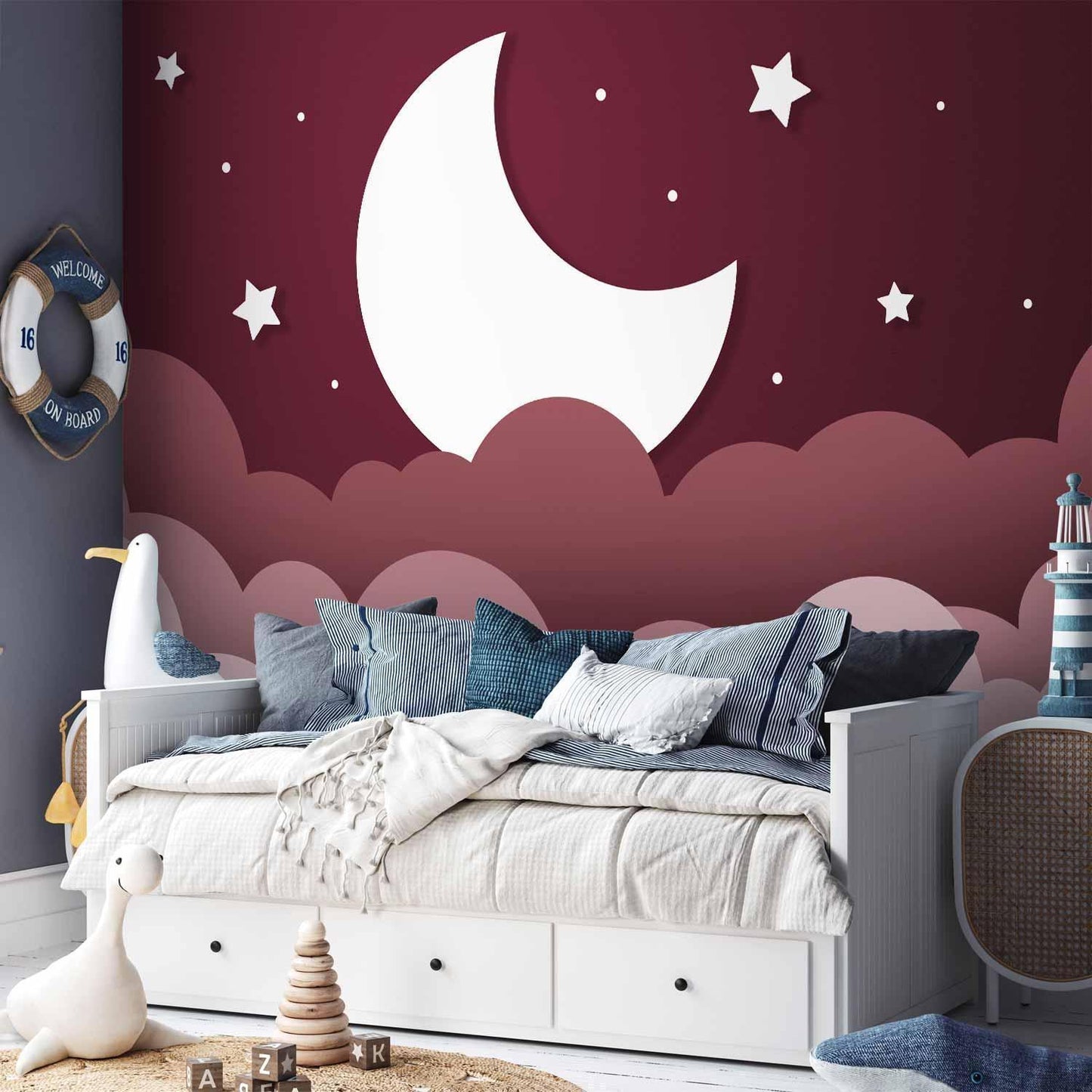 Fototapete - Moon dream - clouds in a maroon sky with stars for children