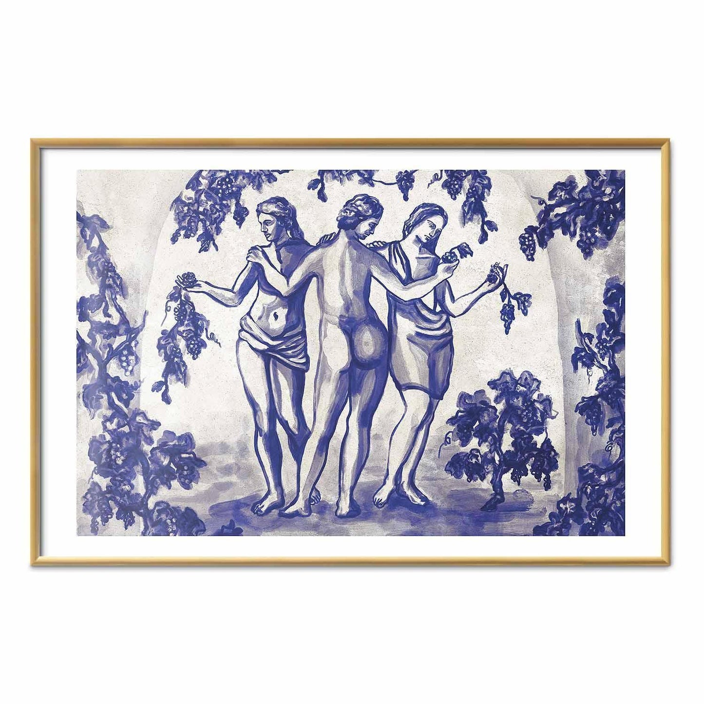 Poster - Ancient Vineyard - three women in a portal painted in blue ink