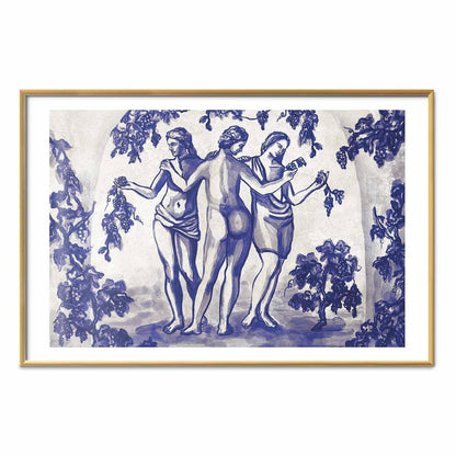 Poster - Ancient Vineyard - three women in a portal painted in blue ink