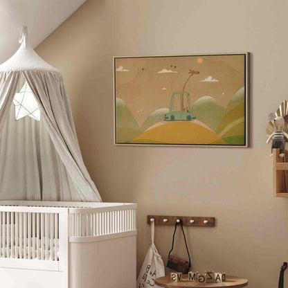 Leinwandbild - Dreamy Traveler - A Cheerful Giraffe Driving a Car on a Sunny Day