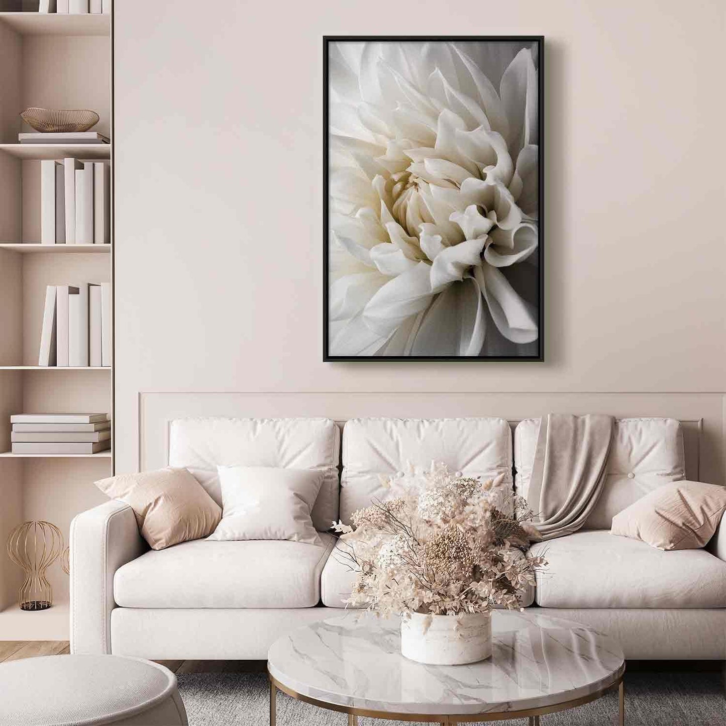 'Leinwandbild - White Dahlia' in modern living room decor.