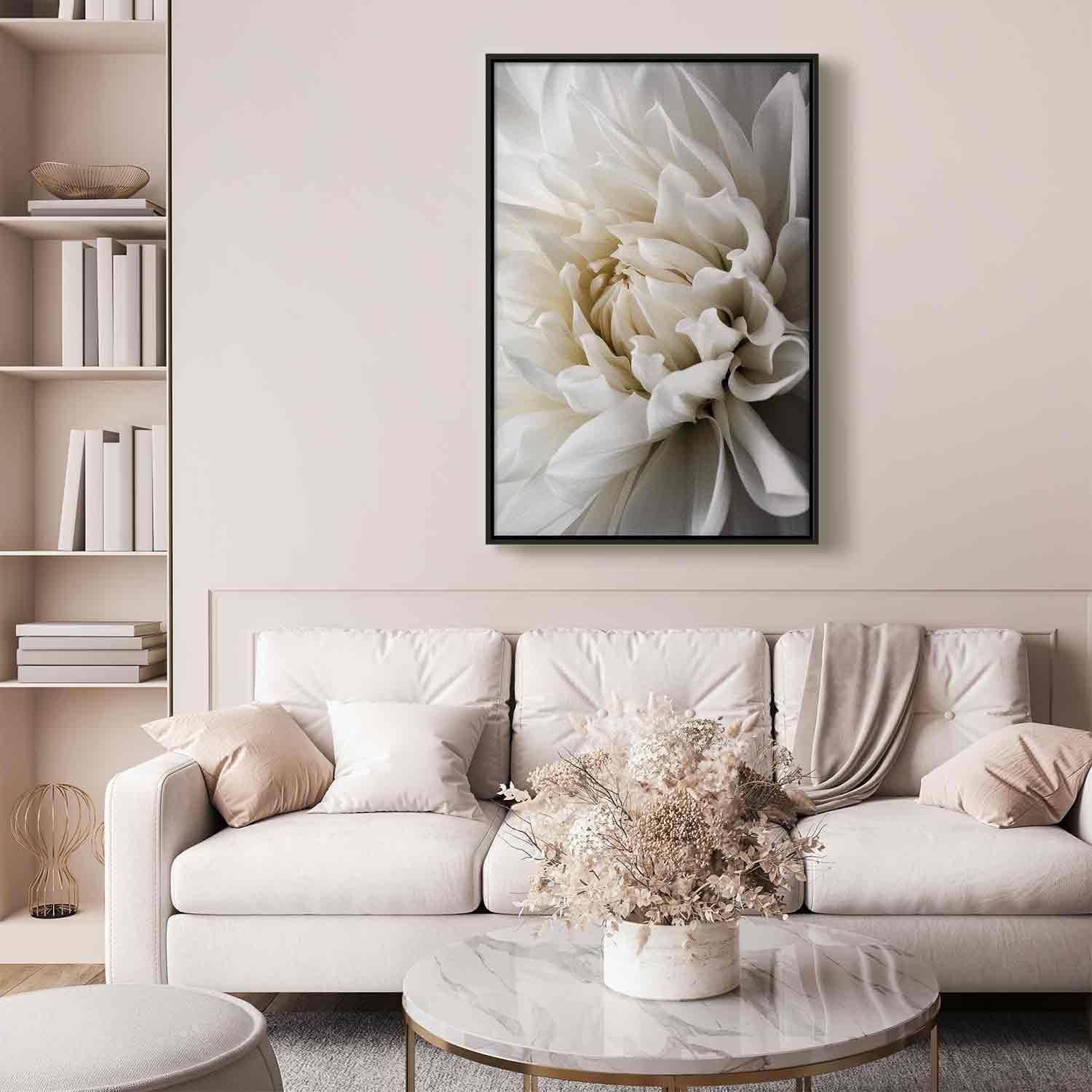 'Leinwandbild - White Dahlia' in modern living room decor.