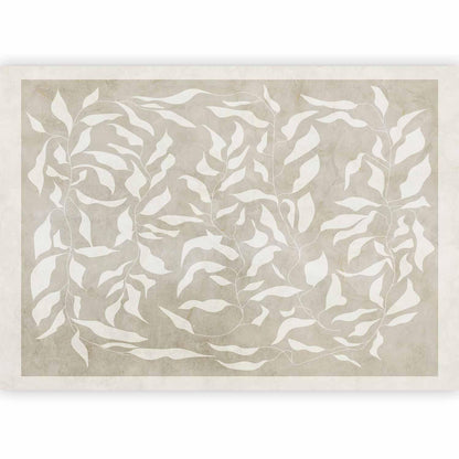 Fototapete - White leaves - abstract plant motif on beige background with frame