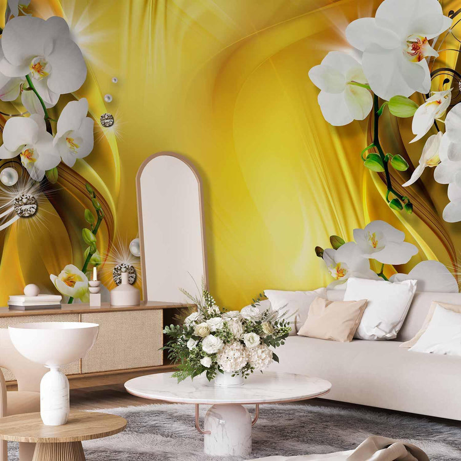 Fototapete „Orchidee in Gold“ – Elegante Blütenpracht mit Glamour-Effekt sawelt.eu