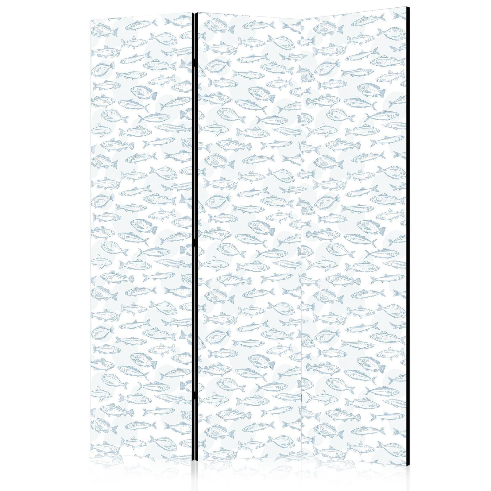 Paravent - Blue Fish - Blue Outlines of Various Species of Fish on a White-Blue Background Artgeist