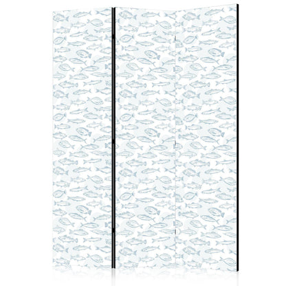 Paravent - Blue Fish - Blue Outlines of Various Species of Fish on a White-Blue Background Artgeist