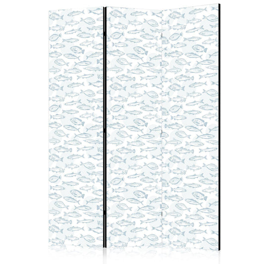 Paravent - Blue Fish - Blue Outlines of Various Species of Fish on a White-Blue Background Artgeist