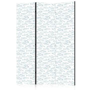 Paravent - Blue Fish - Blue Outlines of Various Species of Fish on a White-Blue Background Artgeist