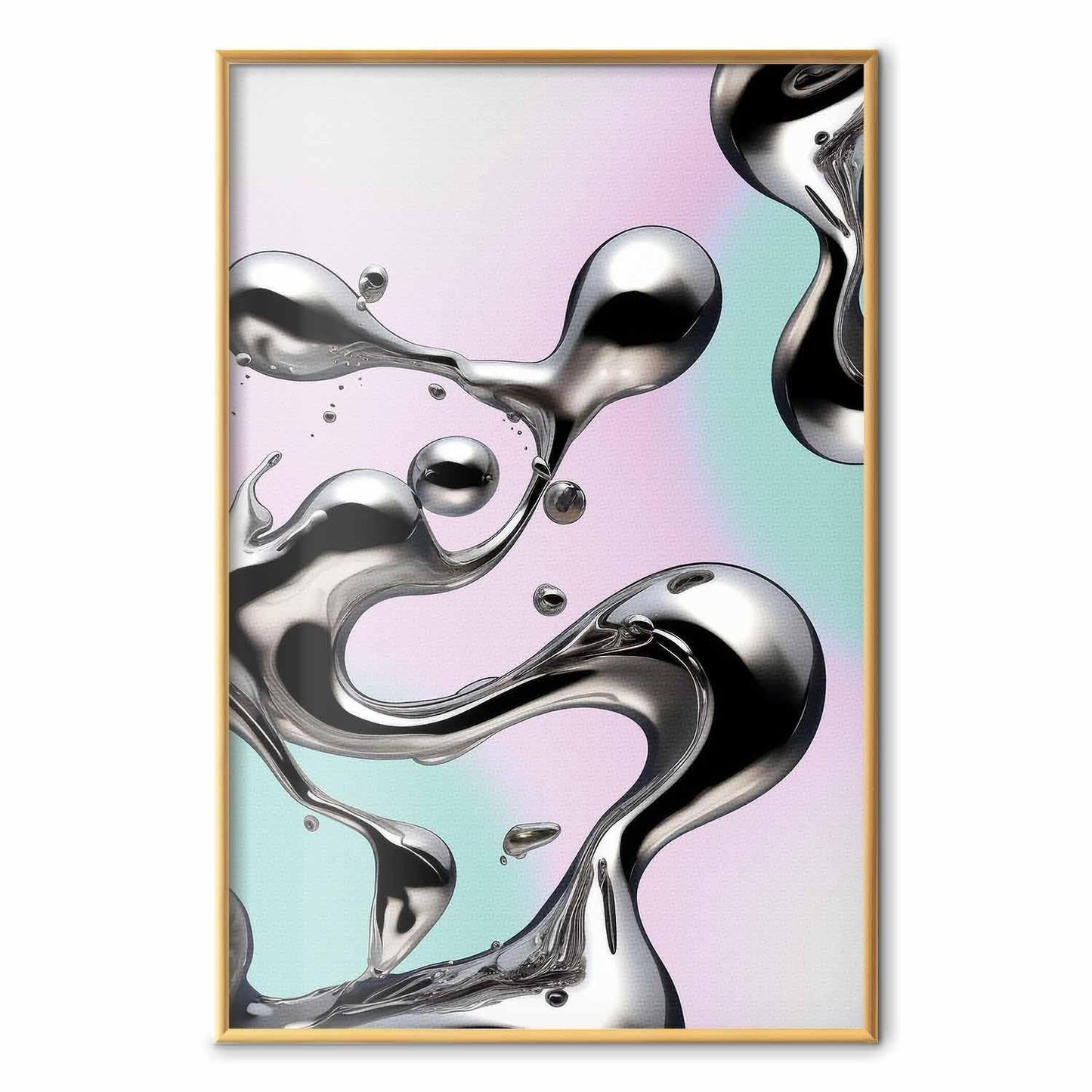 Poster - Metallic Fluidity - abstract silver forms on a mint-purple background