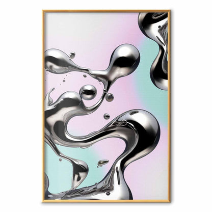 Poster - Metallic Fluidity - abstract silver forms on a mint-purple background