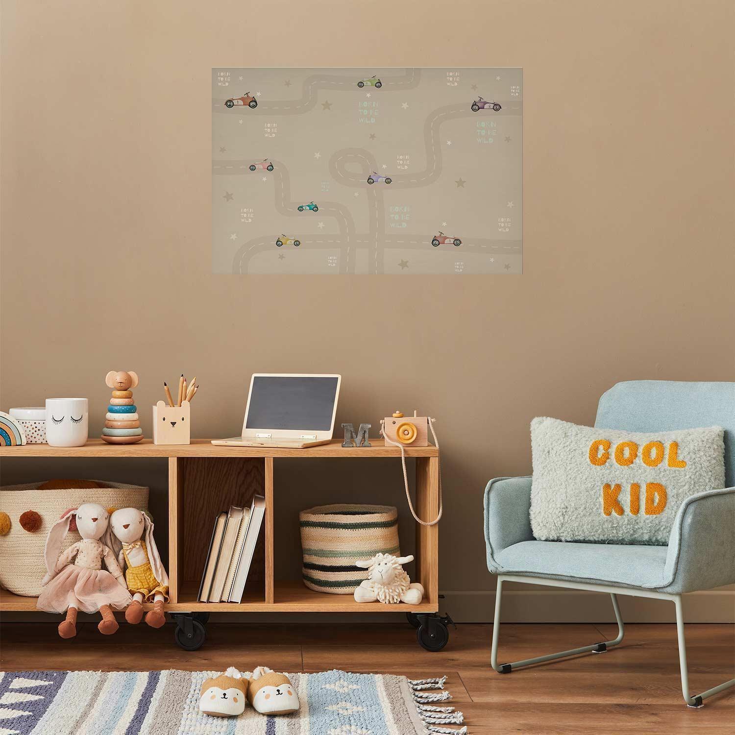 Racing Cars Poster on Beige Wall in Cozy Children's Room