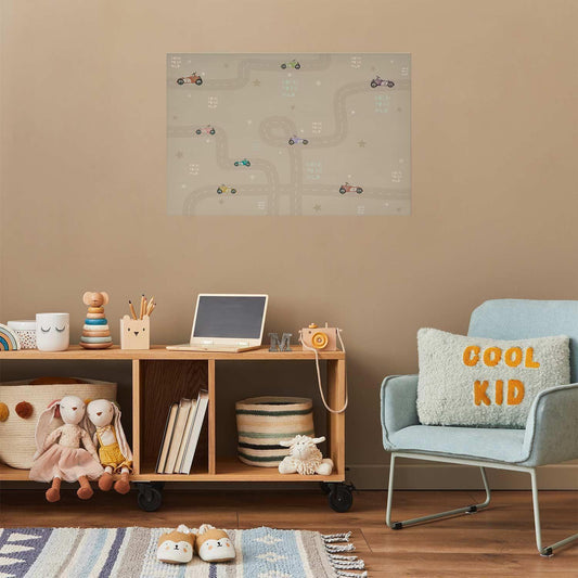 Racing Cars Poster on Beige Wall in Cozy Children's Room