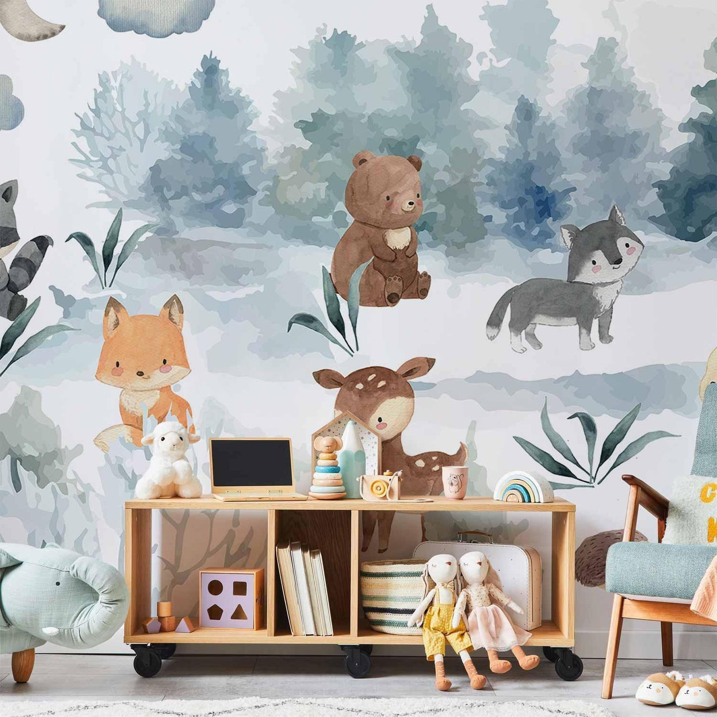 Fototapete - Forest Games - Animals in a Forest Painted in Watercolours Artgeist