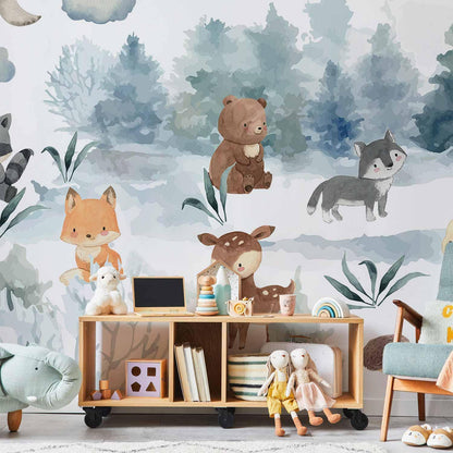 Fototapete - Forest Games - Animals in a Forest Painted in Watercolours Artgeist
