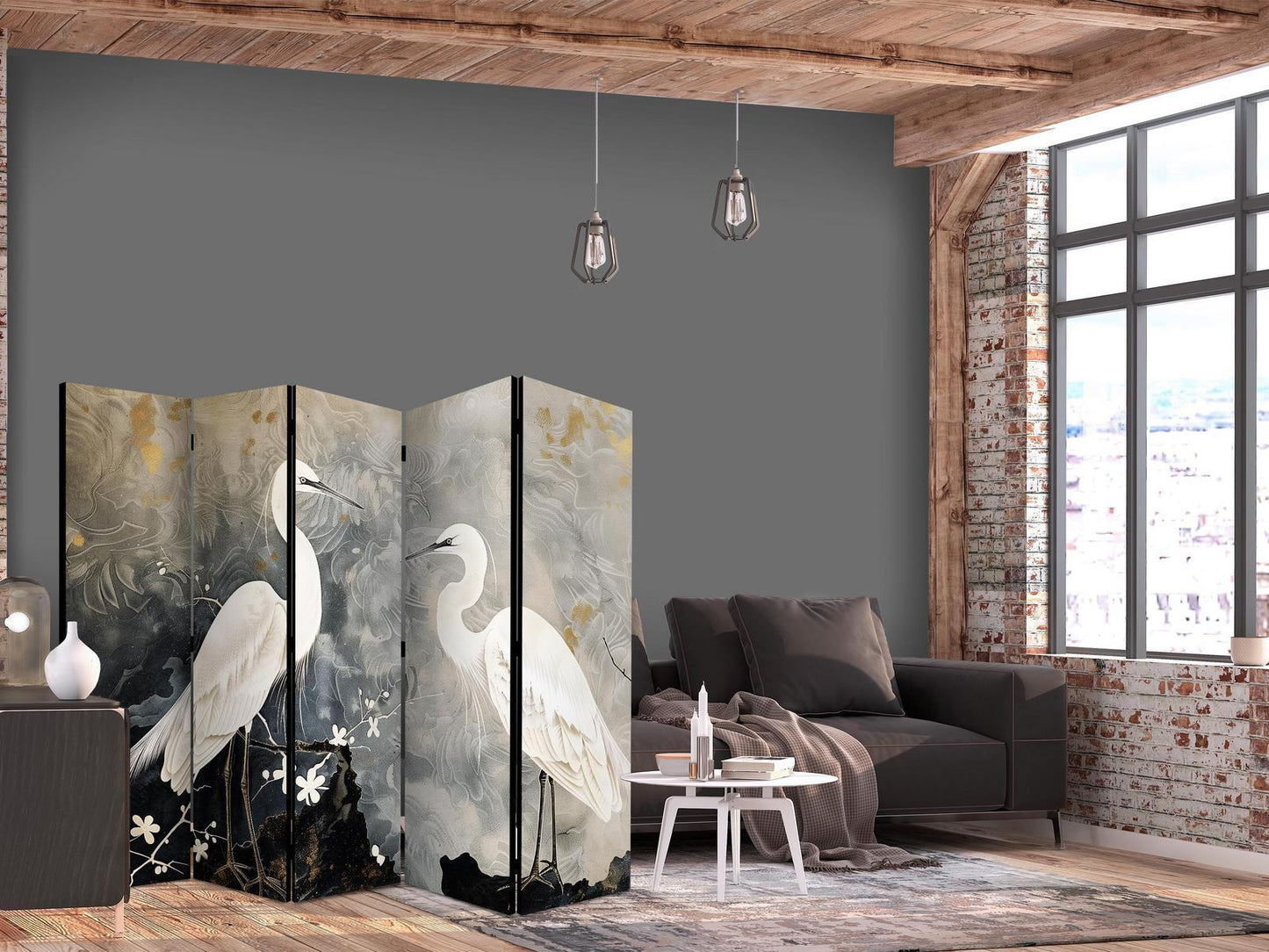 Paravent - Herons and cherry blossoms - oriental-style illustration depicting birds