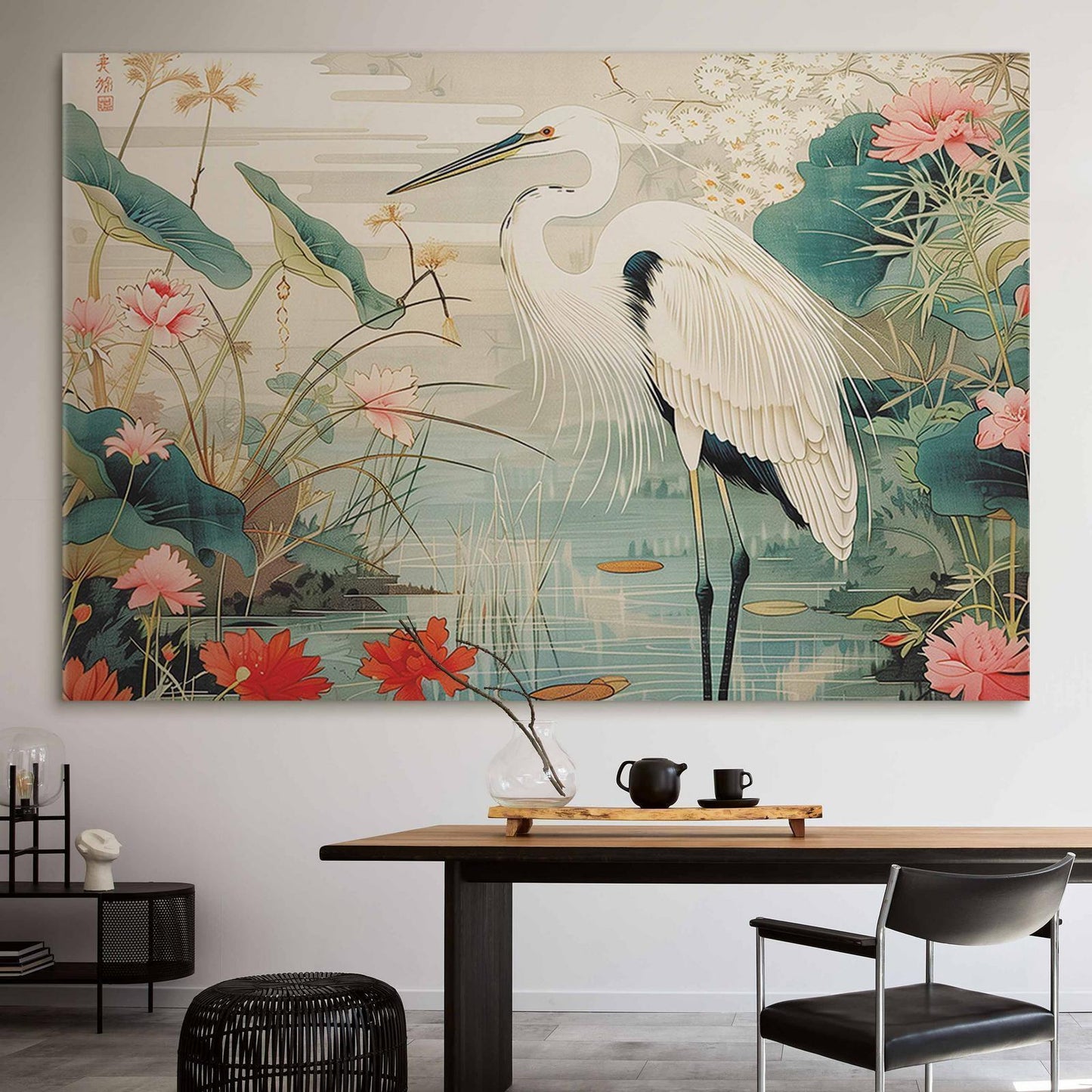 Wandbild XXL - By an Asian pond - an illustration in the style of a Japanese engraving, depicting a heron