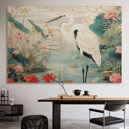 Wandbild XXL - By an Asian pond - an illustration in the style of a Japanese engraving, depicting a heron