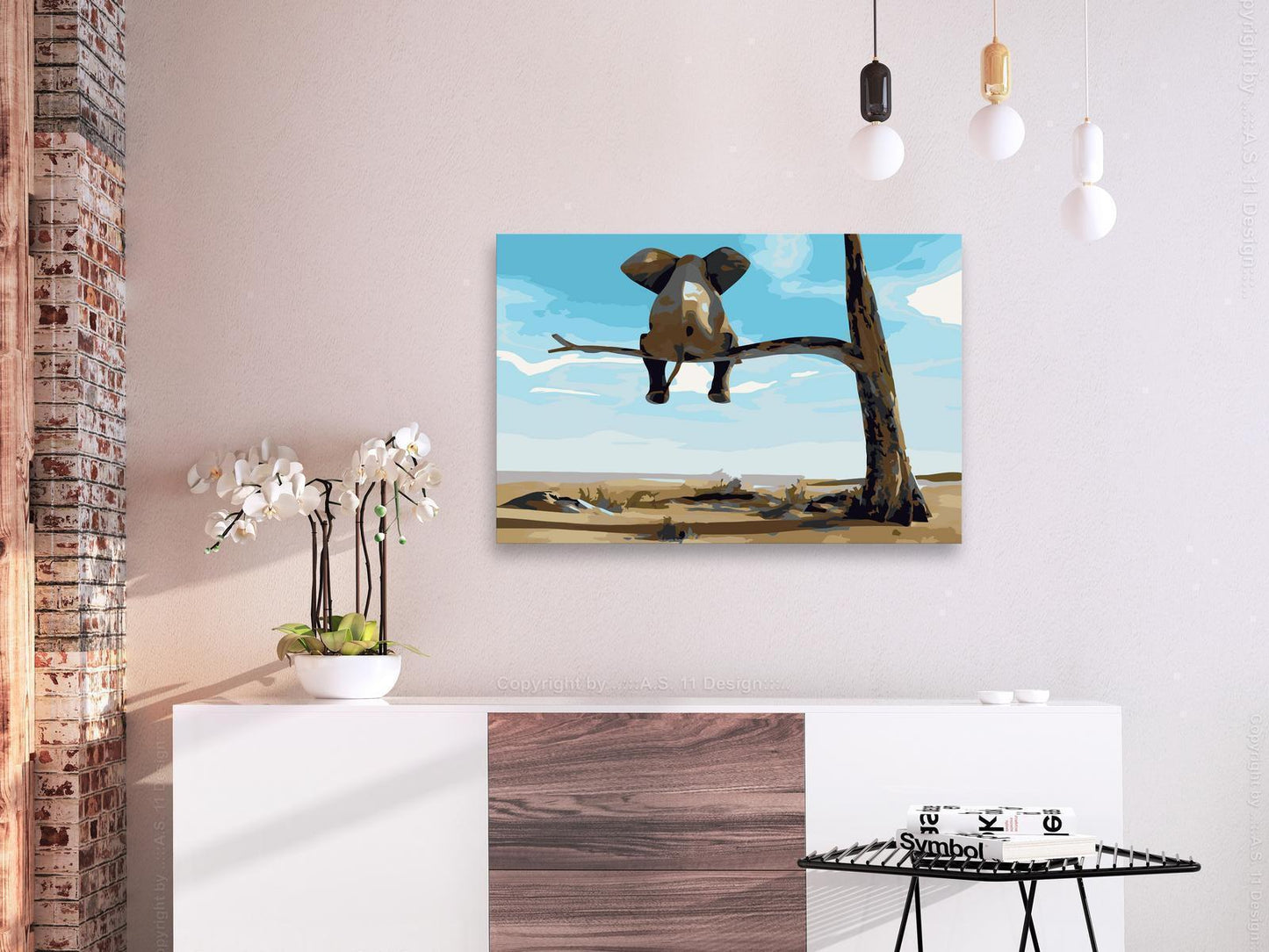 Märchenhafter Elefant auf dem Baum Wandbild zum Ausmalen - Fantasievoller Elefant Motiv mit nummerierten Feldern für entspannende Kreativität