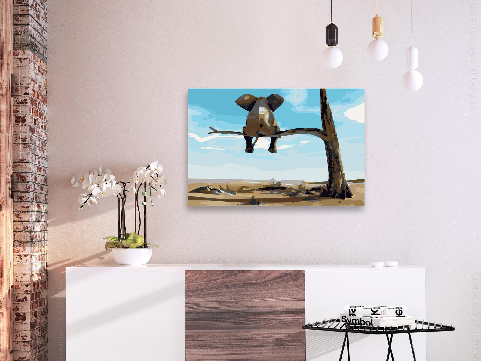 Märchenhafter Elefant auf dem Baum Wandbild zum Ausmalen - Fantasievoller Elefant Motiv mit nummerierten Feldern für entspannende Kreativität