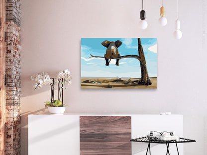 Märchenhafter Elefant auf dem Baum Wandbild zum Ausmalen - Fantasievoller Elefant Motiv mit nummerierten Feldern für entspannende Kreativität