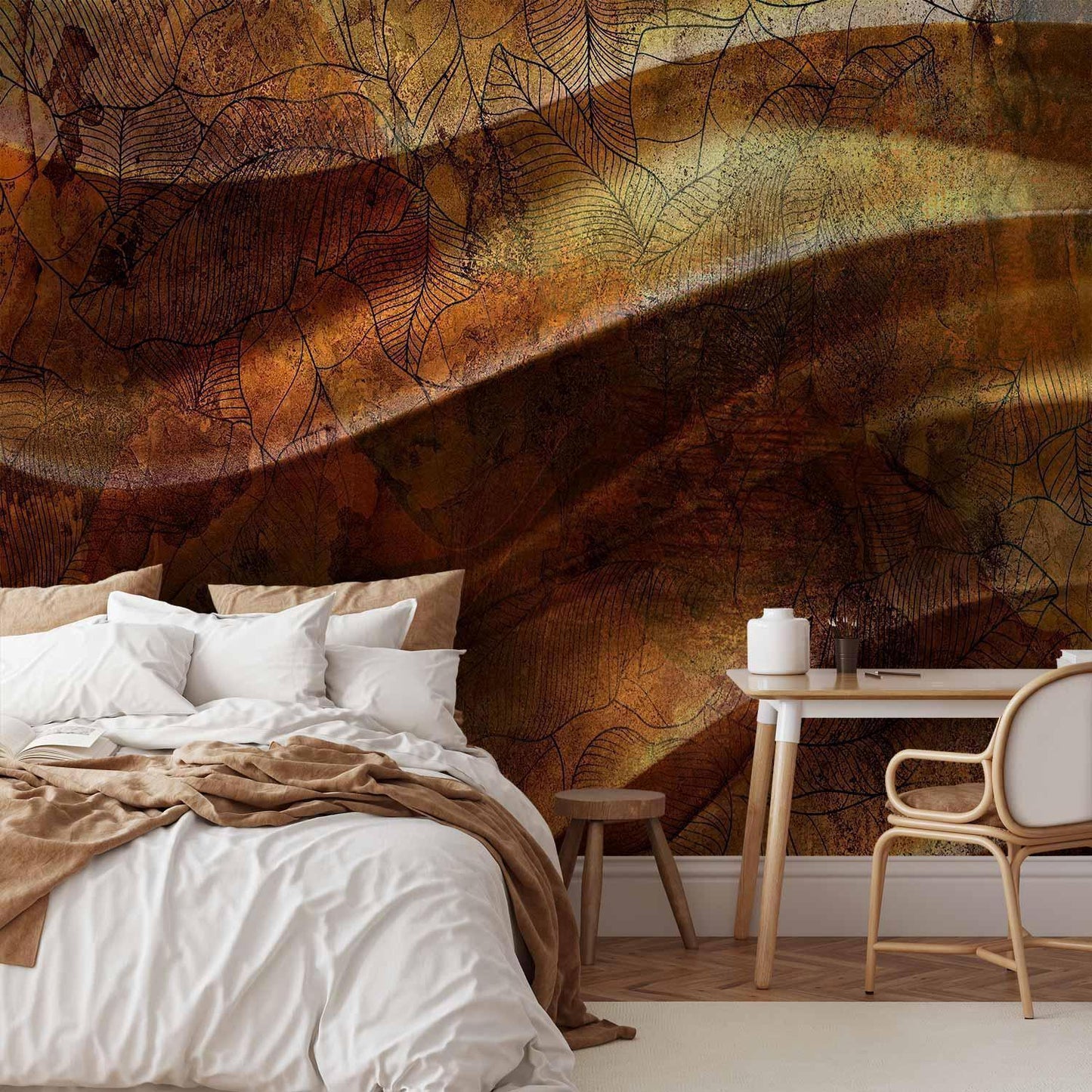 Fototapete - Liquid gold - abstract wavy composition with leaf patterns