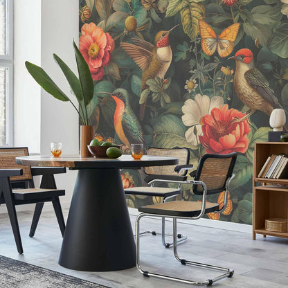 Fototapete - Flowers, birds and butterflies – vintage-style illustration