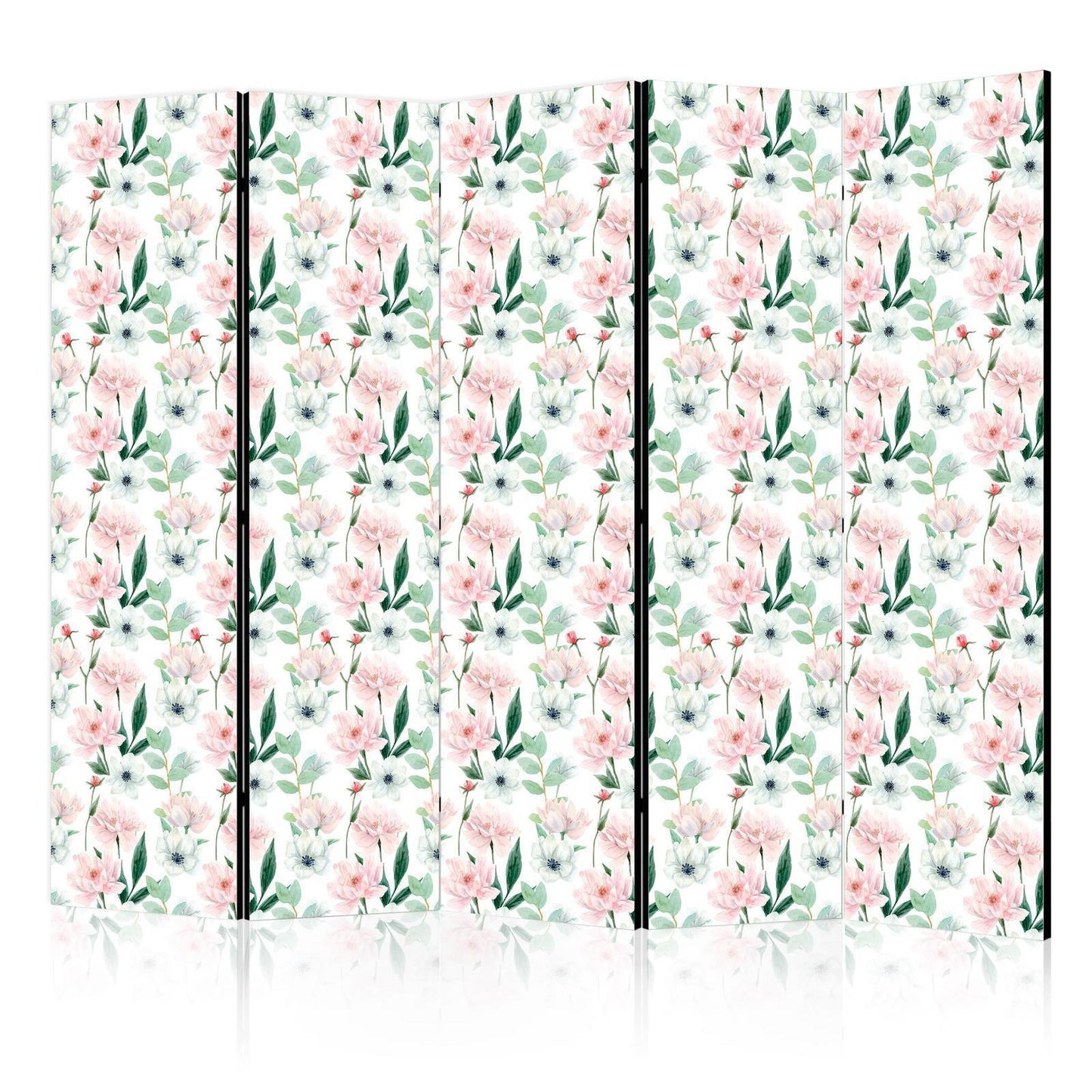Paravent - Peonies - Pink and White Flowers and Green Leaves on a White Background Artgeist