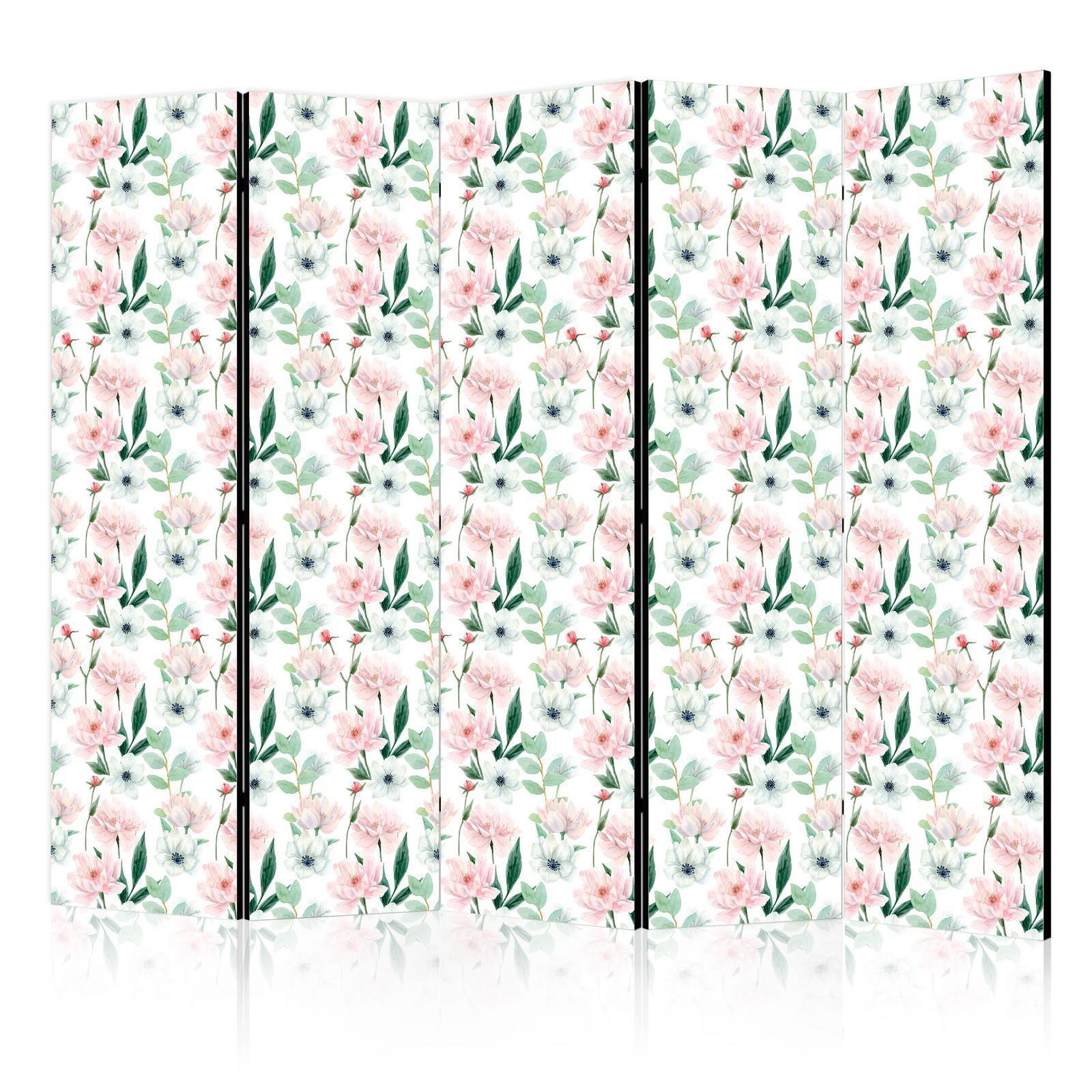 Paravent - Peonies - Pink and White Flowers and Green Leaves on a White Background Artgeist