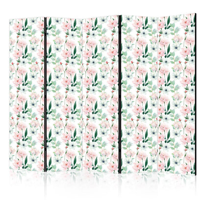 Paravent - Peonies - Pink and White Flowers and Green Leaves on a White Background Artgeist