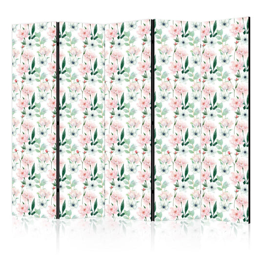 Paravent - Peonies - Pink and White Flowers and Green Leaves on a White Background Artgeist