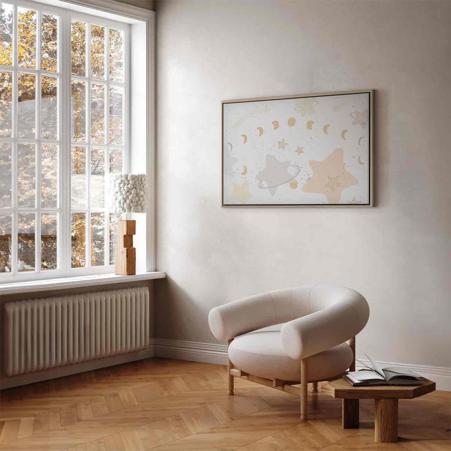 Leinwandbild - Fairy-Tale Galaxy - Phases of the Moon in Yellow Tones Among Stars in Beige and Ash Colors with Stardust