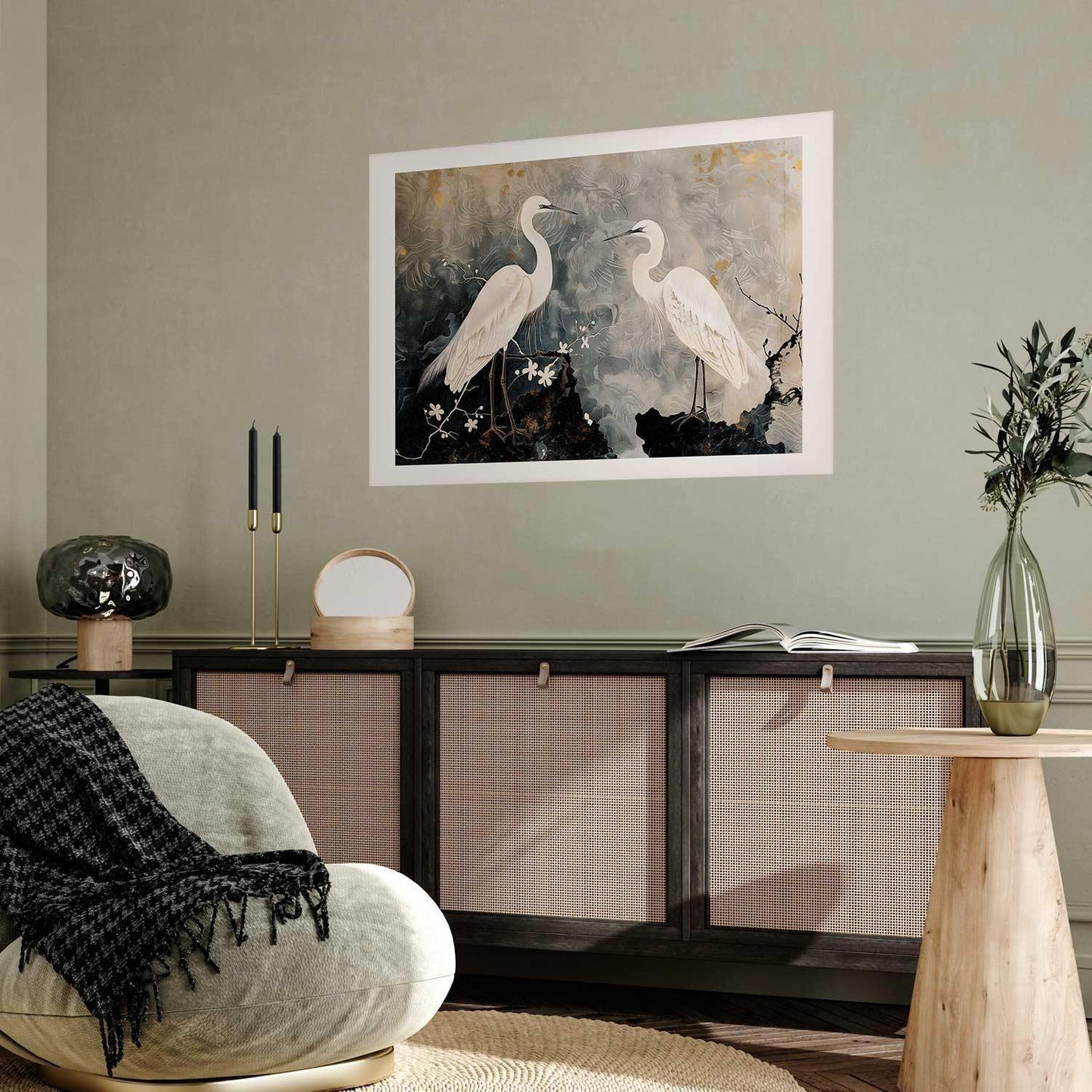 Poster - Herons and Cherry Blossom - oriental-style illustration depicting birds