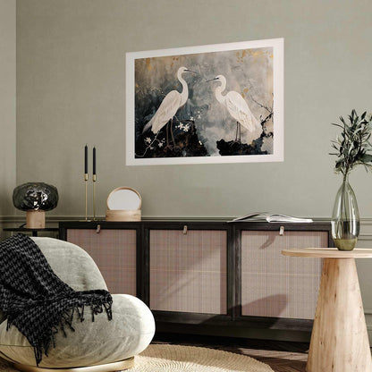 Poster - Herons and Cherry Blossom - oriental-style illustration depicting birds